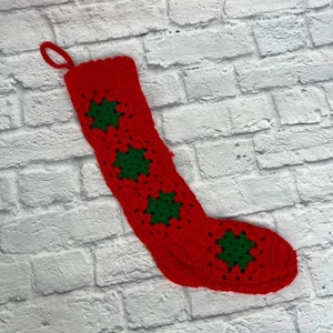 Christmas Stocking Granny Square Handmade Red Green Crochet Knit - Picture 1 of 5
