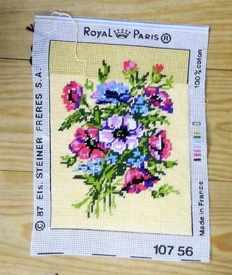 VTG 1987 Royal Paris Canevas Bouquet Floral 10756 3/4 Cousu à Terminer 21x29cm - Photo 1/2