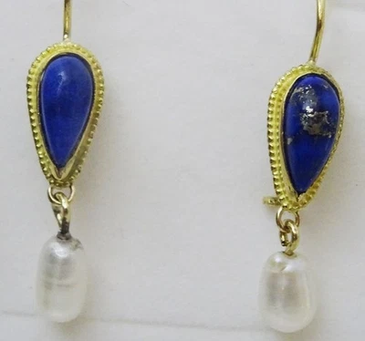 Handmade 18 karat gold Lapis lazuli and Pearl Earrings - Image 1 of 4