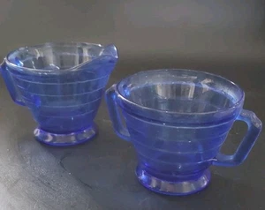 Vintage Cobalt Blue Sugar And Creamer Set  Hazel Atlas Art Deco Design - Picture 1 of 14