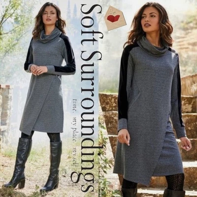 Soft Surroundings Moderne Cowl Herringbone Dress Crossover Hem Velvet Women PM - Image 1 of 4