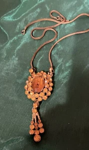 Vintage 1930's Art Deco Czech Amber Glass Pendant Long Beaded Necklace - Picture 1 of 5