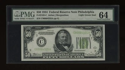 DBR 1934 $50 LGS FRN Philadelphia Fr. 2102-Clgs PMG 64 Serial C00864325A - Image 1 of 2