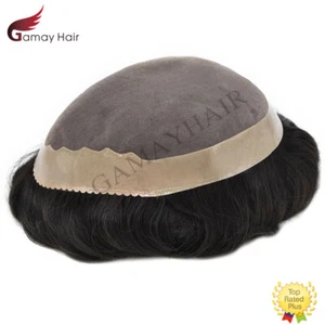 Mens Toupee Black Human Hair Replacement Fine Mono Poly PU Hair Systems Wig US - Picture 1 of 7