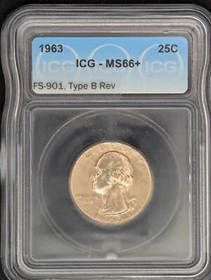 1963. WASHINGTON SILVER QUARTER ICG MS66+ FS-901, TYPE B REV-RARE - Image 1 of 4