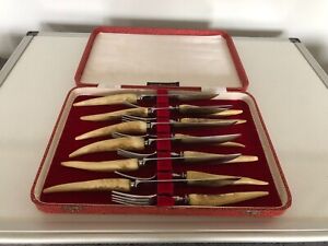 CASED SET OF 6 SCOTTISH STAG HORN STEAK KNIVES AND 6 MATCHING FORKS (G B WILSON)