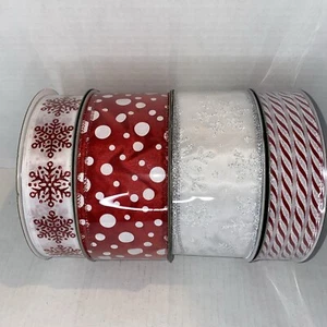 Members Mark Christmas Wired Ribbon Red And White, Snowflakes Red Polka 4 Rolls - Picture 1 of 8