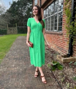 Ex New Look Midi Tea Dress Women's Green Short Sleeve Shirred Waist Button up - Picture 1 of 35