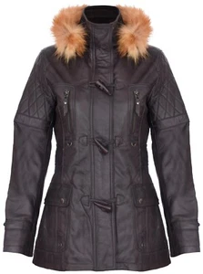 Women's Brown Leather Parka Jacket Quilted Detachable Hooded Trench Jacket Coat - Picture 1 of 5
