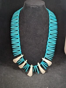 Turquoise And Horse Tooth Necklace Native American Navajo Vintage 30" - Picture 1 of 7