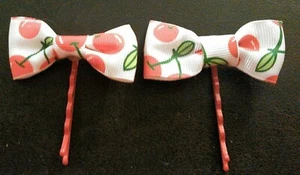Pair Of Red Bobby Pins/Hairpins w/ White And Red Cherries Pin Up Bows Rockabily - Picture 1 of 8