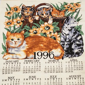 Notra Vtg 1996 Tea Towel Calendar 100% Cotton Linen Cats Kittens Basket Floral - Picture 1 of 15
