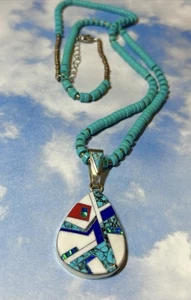 Collar Navajo Platero Plata Esterlina Ópalo Blanco Búfalo 925 Colgante Turquesa - Imagen 1 de 4