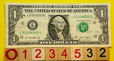 ￼￼Leading True Run Of 0-5 L 012345xx S Ladder Fancy Serial Number $1 Dollar Bill - Image 1 of 4