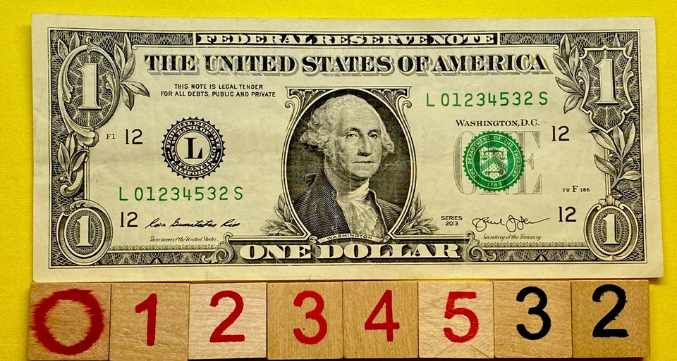 ￼￼Leading True Run Of 0-5 L 012345xx S Ladder Fancy Serial Number $1 Dollar Bill - Image 1 of 4