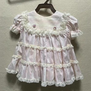 Vtg Baby Pink Frilly Lace Layered Dress By Bryan Sz 6-9 Mo. USA 1980s - Picture 1 of 8