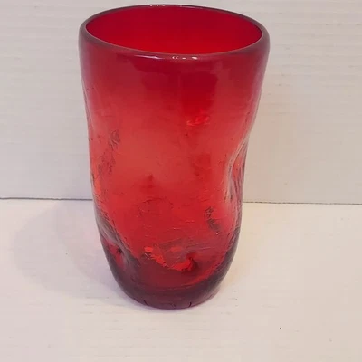 Blenko Red Glass Indented Dimple Highball Glass Tumbler  - Image 1 of 4