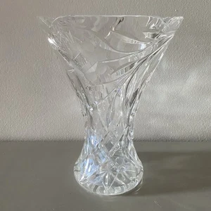 Vintage Cut Crystal Large Heavy Vase 9" Etched Flowers Leaves - Picture 1 of 9