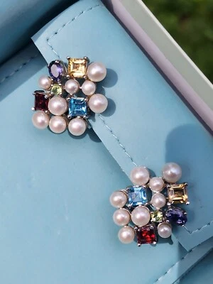 Pendientes Ross Simons Multi Piedras Preciosas Perla Plata Esterlina Omega Trasero Con Caja Foto 1 de 4