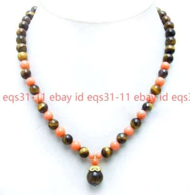 Natural 8mm Yellow Tiger's Eye Gems & Pink Coral Round Pendant Necklace 14-30'' — 第 1/4 张图片