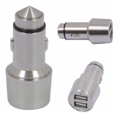 3.1 Amp Silver Dual USB Car Charger with Emergency Glass Punch Iphone Android - Image 1 of 4