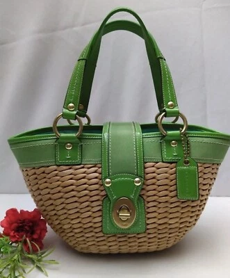 Bolso Cartera Coach Edición Limitada Natural Paja Verde Lona Turnlock Foto 1 de 4