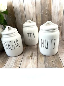 Rae Dunn Canister Sugar, Nuts, Tea Small/Baby FLAT Lid White Set Of 3 - Picture 1 of 3