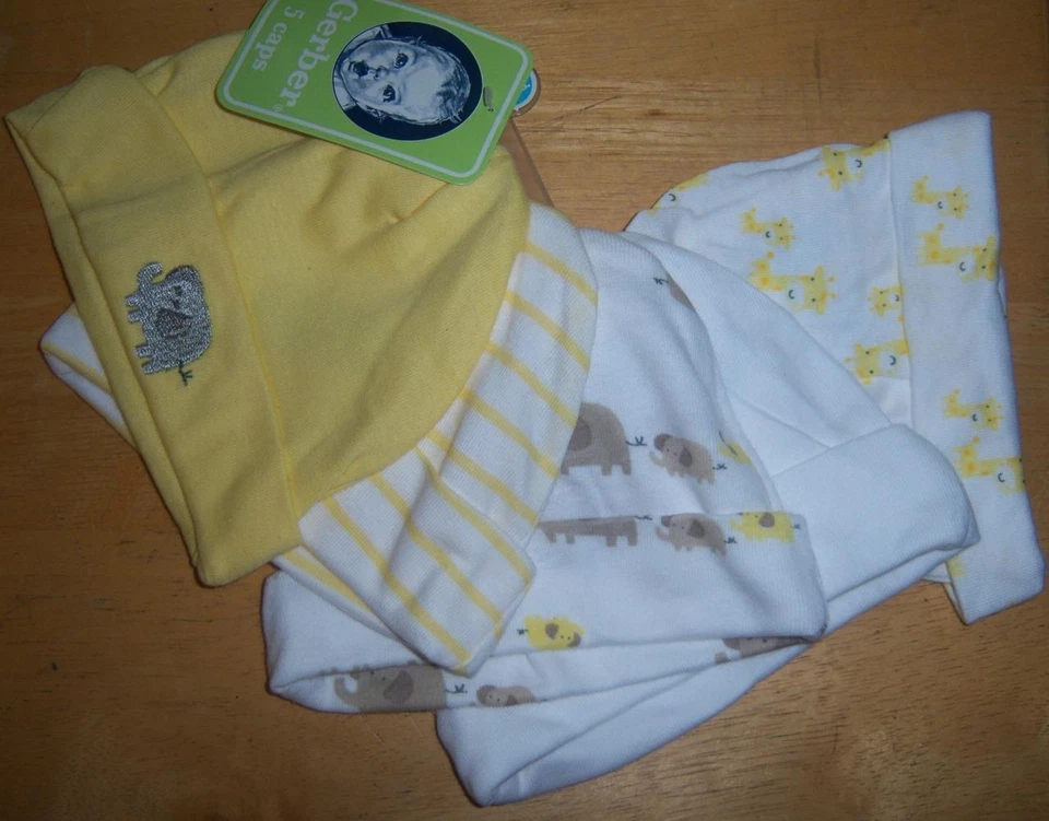 Nuevo paquete de 5 sombreros Gerber neutros, tema safari, baby shower, 0-6 meses Foto 1 de 1