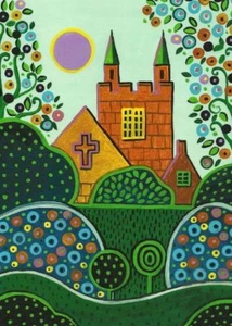 5x7 FOLK ART PRINT OF PAINTING RYTA CHURCH TREES EASTER ABSTRACT FOLK ART HOUSE - Picture 1 of 1
