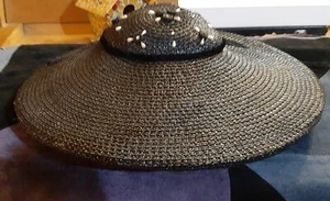 REDUCED! Mid Century Black Straw Wide Brim Hat w/Velvet Bow & Bedazzled + Hatpin - Picture 1 of 7