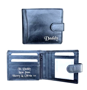 Mens Personalised Engraved Quality Real Black Leather Wallet Birthday Gift Dad - Picture 1 of 10