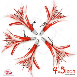 Fish WOW! 5pcs 4.5" Bullet Super Hex Jet Head Rig Feather Double hooks Red White - Picture 1 of 3