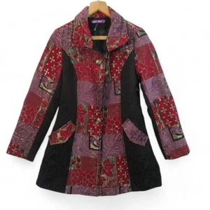 Best Time Vintage Coat Jack UK6 Red Black Textile Women's Embroidered - Preloved - Picture 1 of 24