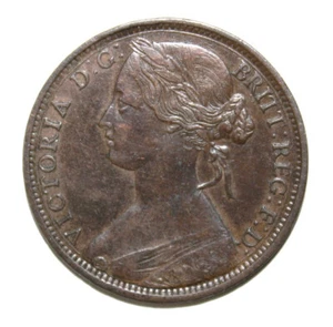 S3 - Great Britain 1 Penny 1863 Almost Uncirculated Bronze Coin - Queen Victoria - Picture 1 of 2