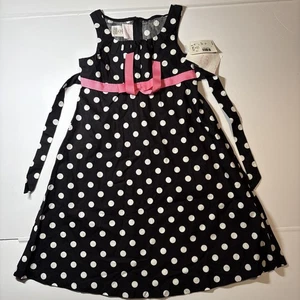 Girls Dress Sundress Size 8 Black White Dots Jessica Ann Pink Bow NWT - Picture 1 of 6