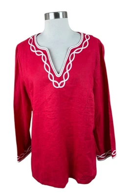 Talbots NUEVO Rojo Blanco Bordado Detalle Lino Túnica Náutica Costera Talla M Foto 1 de 4