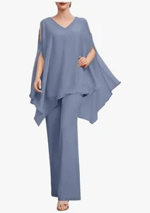 Tuta donna 12 due pezzi pantalone scollo V chiffon matrimonio ospite abiti blu polvere - Foto 1 di 11