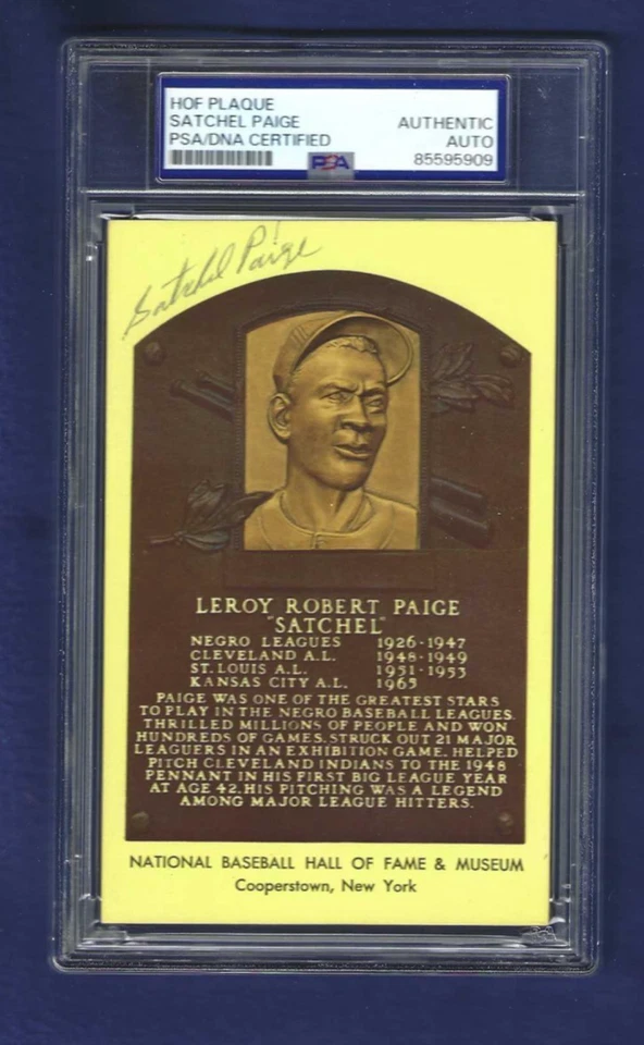 Satchel Paige Negro League Baseball HOFer Autographed Plaque Postcard PSA SLAB - Image 1 of 1
