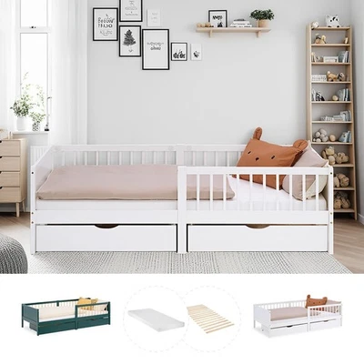 Kinderbett 90x200 cm Weiß Grün 2 Bettkästen Rausfallschutz Matratze Homestyle4u - Bild 1 von 4