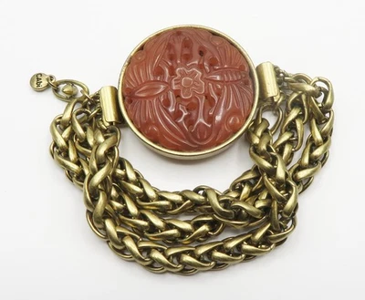 Broche Pulsera Convertible CABI Cepillado Tono Dorado Cadena Marrón Tallado Medallón Foto 1 de 4