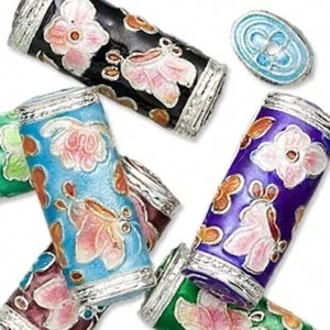 Mezcla de 6 cuentas de tubo plano Cloisonné 28x12x7 mm chapadas en plata * - Imagen 1 de 1