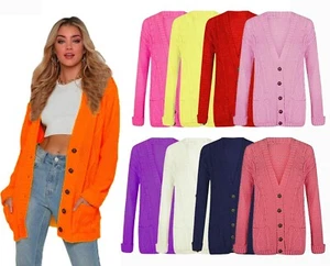 Womens Long Sleeves Plus Size Cable Chunky Knitted Grandad 5 Button Cardigans - Picture 1 of 24