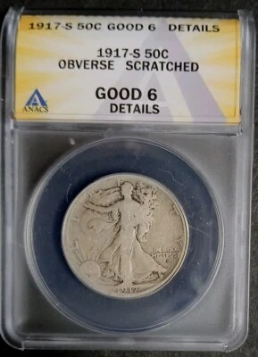 1917-S Walking Liberty ANACS G 6 Details- Obverse Mint Mark - Semi Key Date - Image 1 of 4