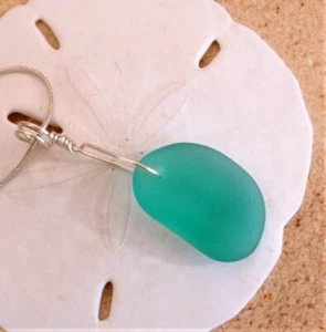 AUTUMN GREEN  Sea glass pebble/chunk jewelry handmade Pendant 925 20" Necklace - Picture 1 of 11