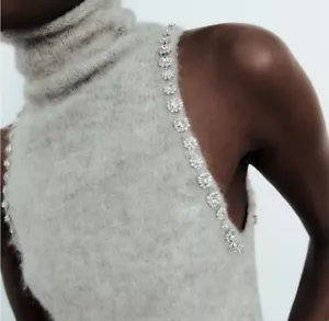 ZARA NEW WOMAN KNIT SLEEVELESS TOP WITH RHINESTONES GREY S - Picture 1 of 9