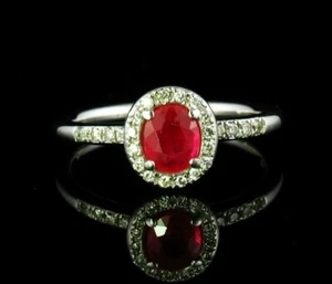 SIGNED DESIGNER FINE NATURAL 3/4ctw RUBY DIAMOND HALO SOLID 14K WHITE GOLD RING - Picture 1 of 11