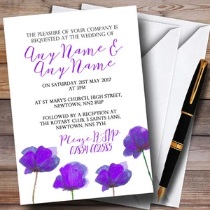 Stunning Watercolour Poppies Purple Personalised Wedding Invitations - Picture 1 of 1