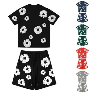 Women's And Men's Casual Loose Fitting Printed T-shirt And Shorts Two-Piece - Picture 1 of 27