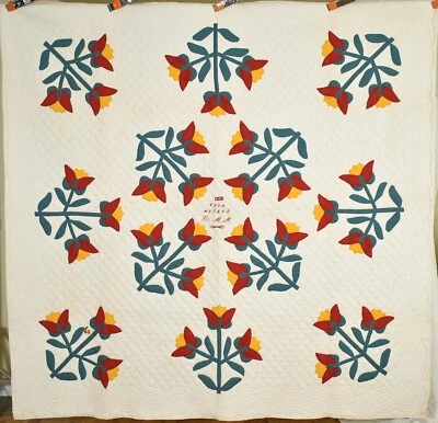 Vibrant Vintage Red & Green Tulip Applique Antique Quilt, Signed & Dated "1928"! - Image 1 of 4
