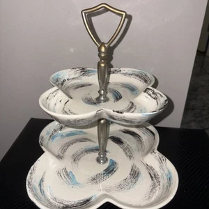 Vintage California PotteryTwo Tiered Cake/pastry Stand Aqua,black,white 1950’s - Picture 1 of 8